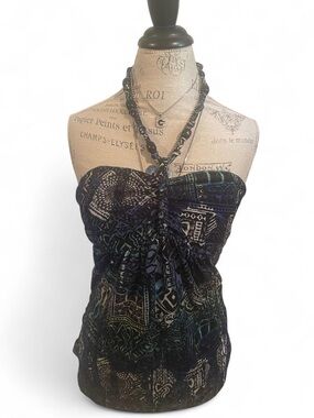 Y2K Beaded Boho Aztec Babydoll Halter top • No Boundries • SIZE - L